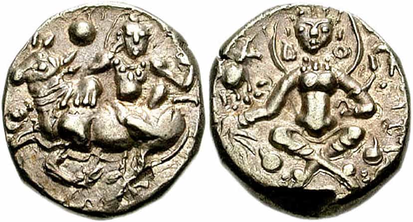 Both faces of a debased gold coin, Siva seated on the bull Nandi on one side and Lakshmi seated on a lotus flanked by small elephants on the other