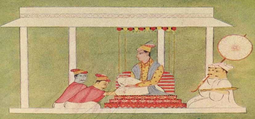Assamese miniature painting of the Ahom king Rudra Singha seated on a throne under a canopy with attendants