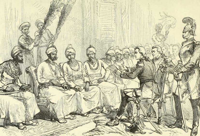Period engraving of seated Burmese commissioners facing standing British officers in uniform during peace negotiations