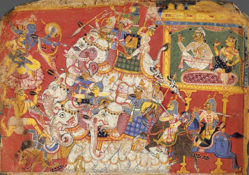 A traditional Indian miniature painting of the battle: Krishna and his queen Satyabhama mounted on the eagle Garuda confront the demon-king Narakasura, who rides a war-elephant amid a press of elephants and warriors before his city