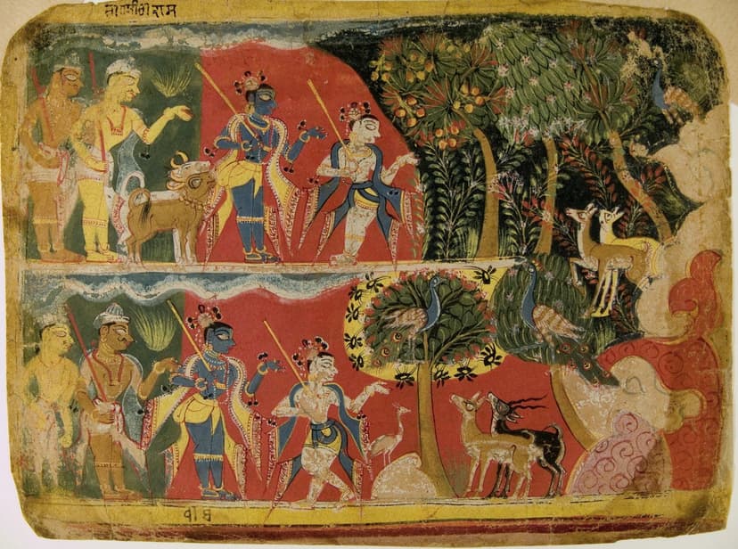 A painted folio from a dispersed Bhagavata Purana manuscript in two registers, blue-skinned Krishna and fair Balarama with herding staves and cowherd companions against flat red ground, cattle and deer among flowering trees and peacocks at the right, Devanagari script along the top edge