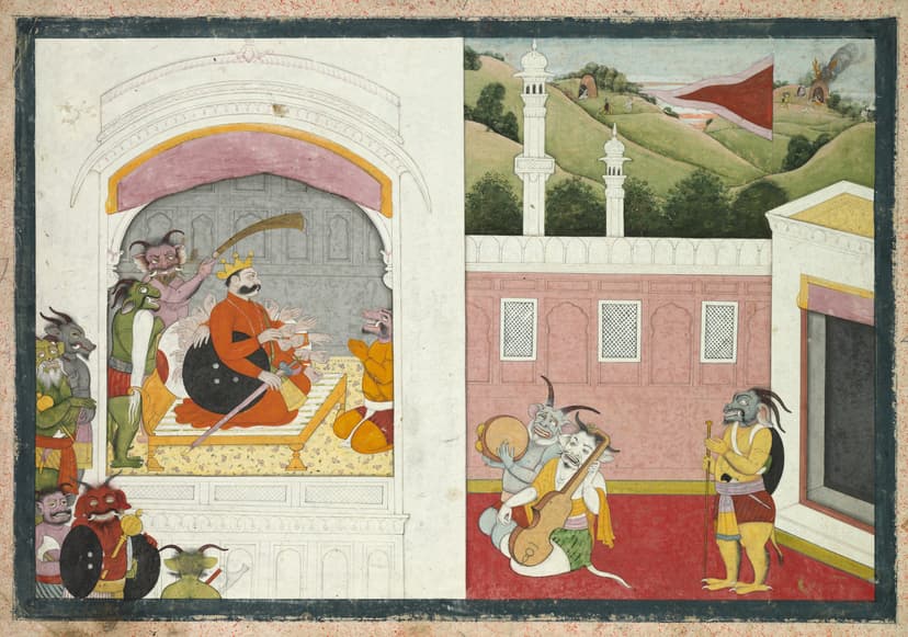 An Indian miniature painting: a crowned king with a fan of many arms sits enthroned in a white pavilion among horned asura attendants, while demon musicians play in the courtyard outside