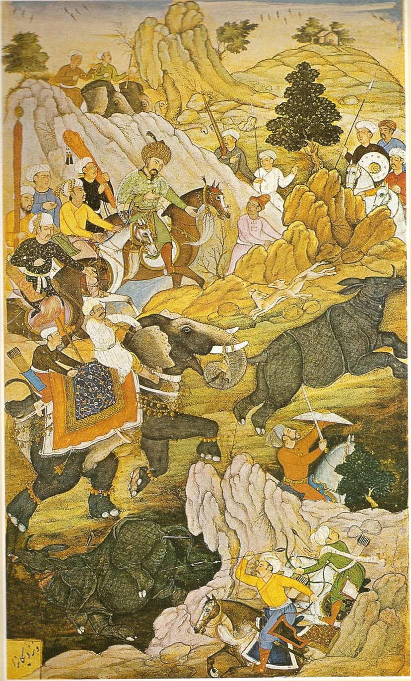 Mughal miniature of Babur and his party hunting a rhinoceros with elephants and spearmen