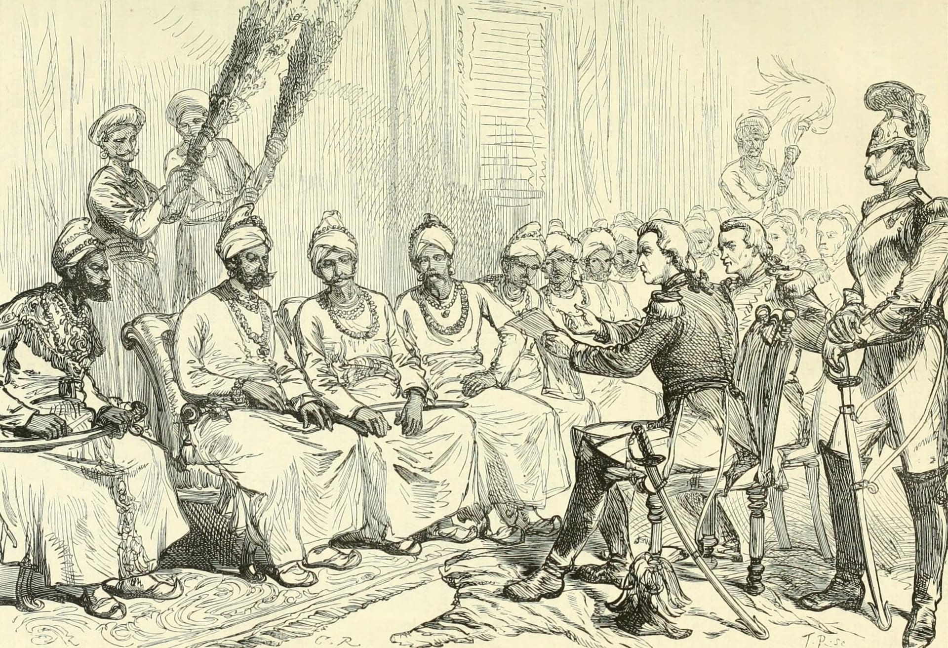 Period engraving of seated Burmese commissioners facing standing British officers in uniform during peace negotiations