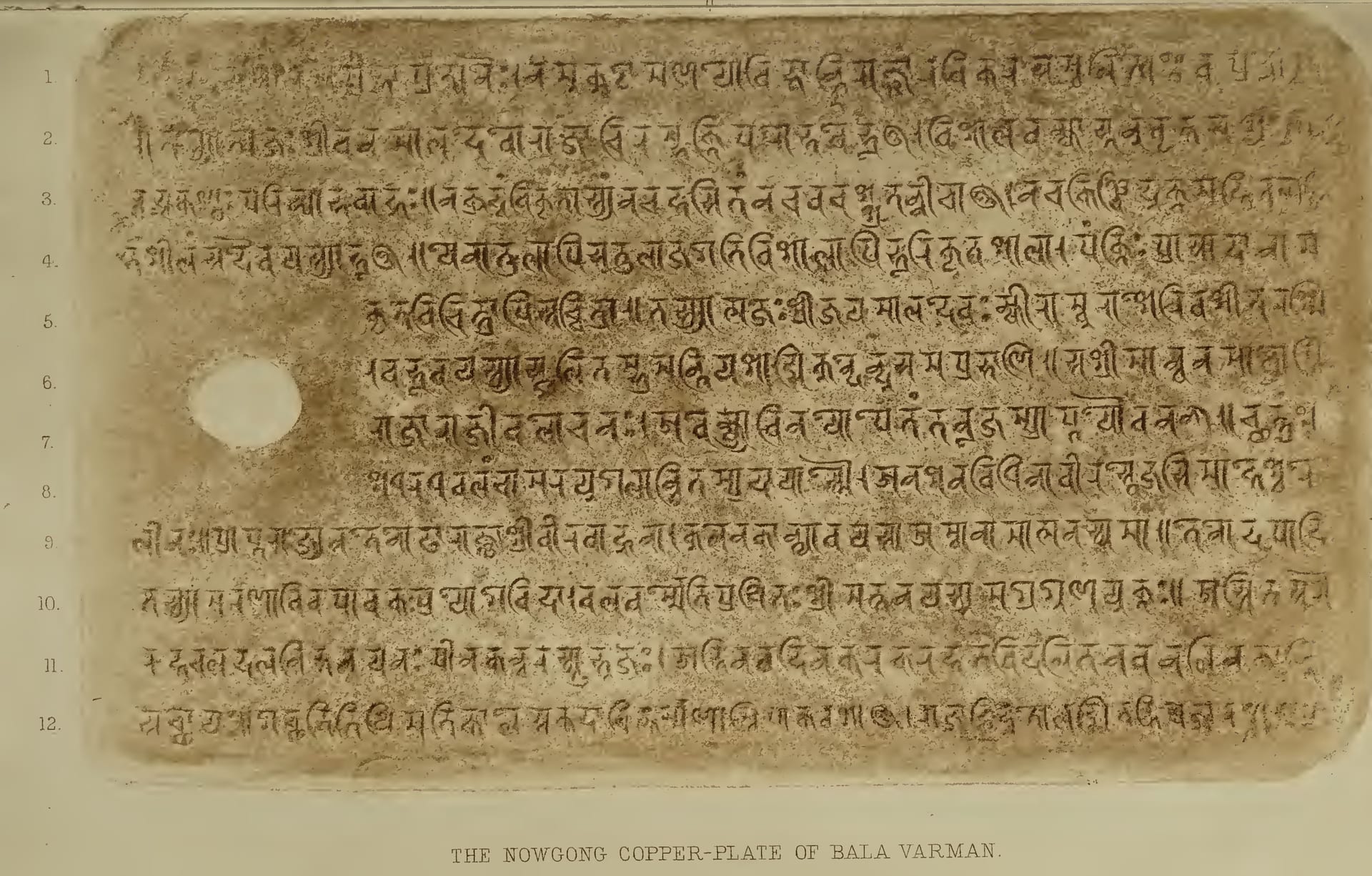 Facsimile of a copperplate engraved with twelve numbered lines of script, a ring hole at its left edge, titled The Nowgong copper-plate of Bala Varman