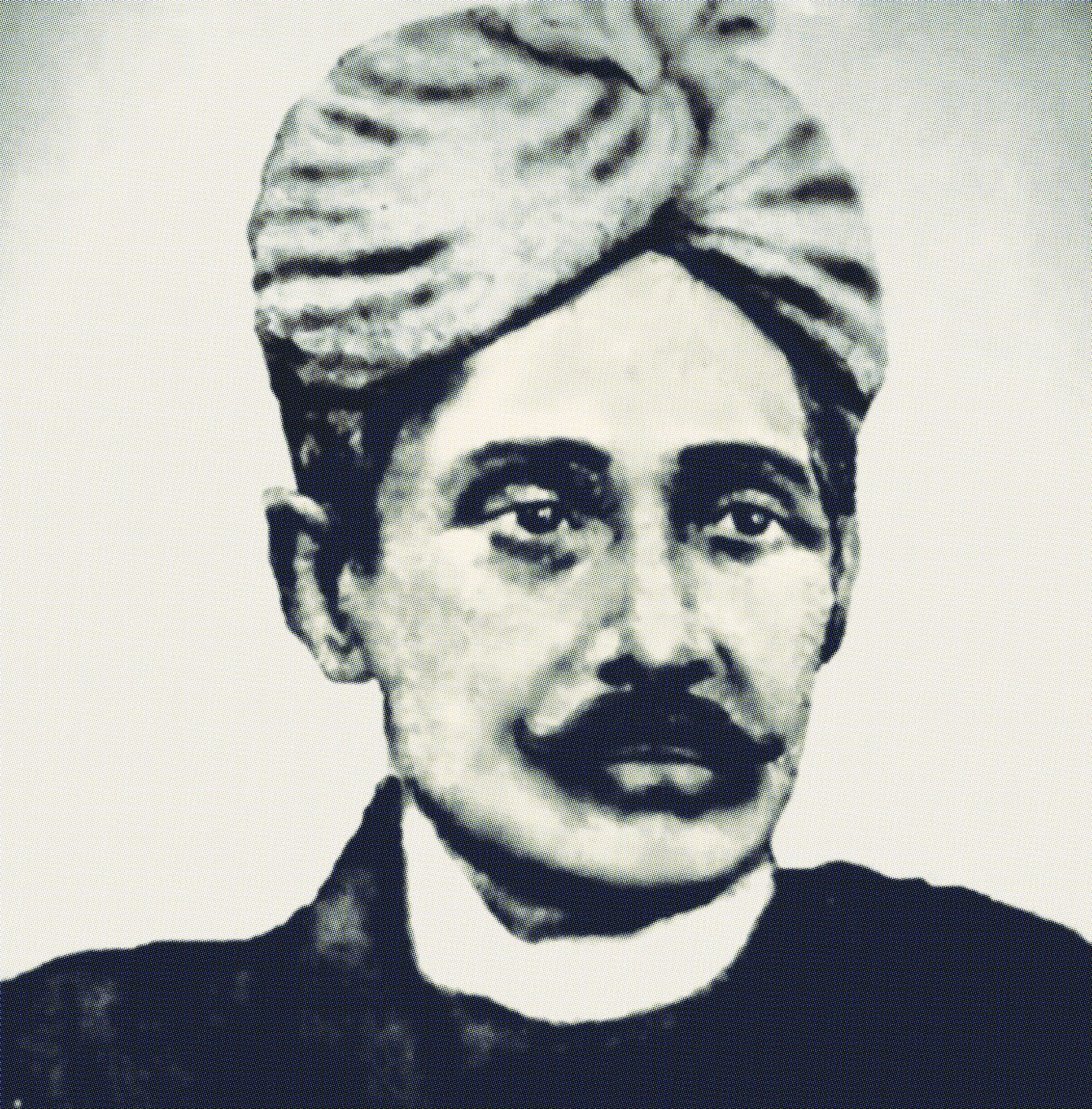 Portrait of Maniram Dewan, a turbaned man with a moustache in a dark high-collared coat