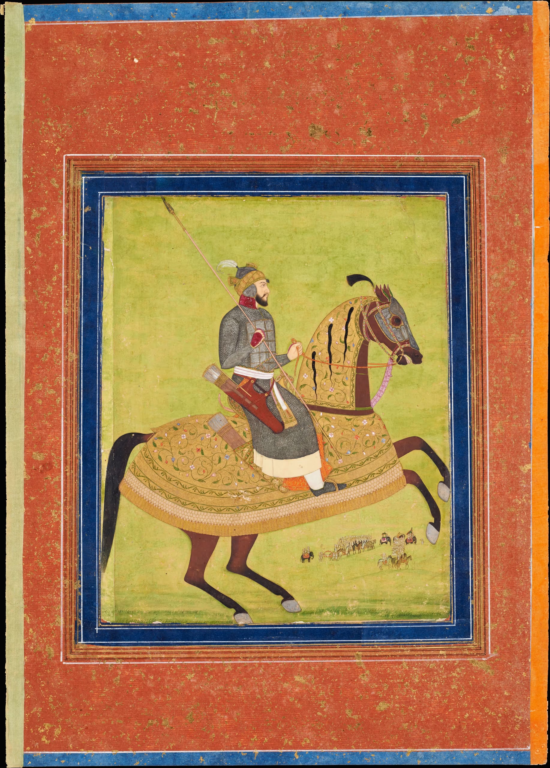 A Mughal miniature painting of Prince Muhammad Azam Shah in grey mail armour riding a rearing bay horse with a gold-embroidered caparison, a lance over his shoulder and a tiny army in the green distance below