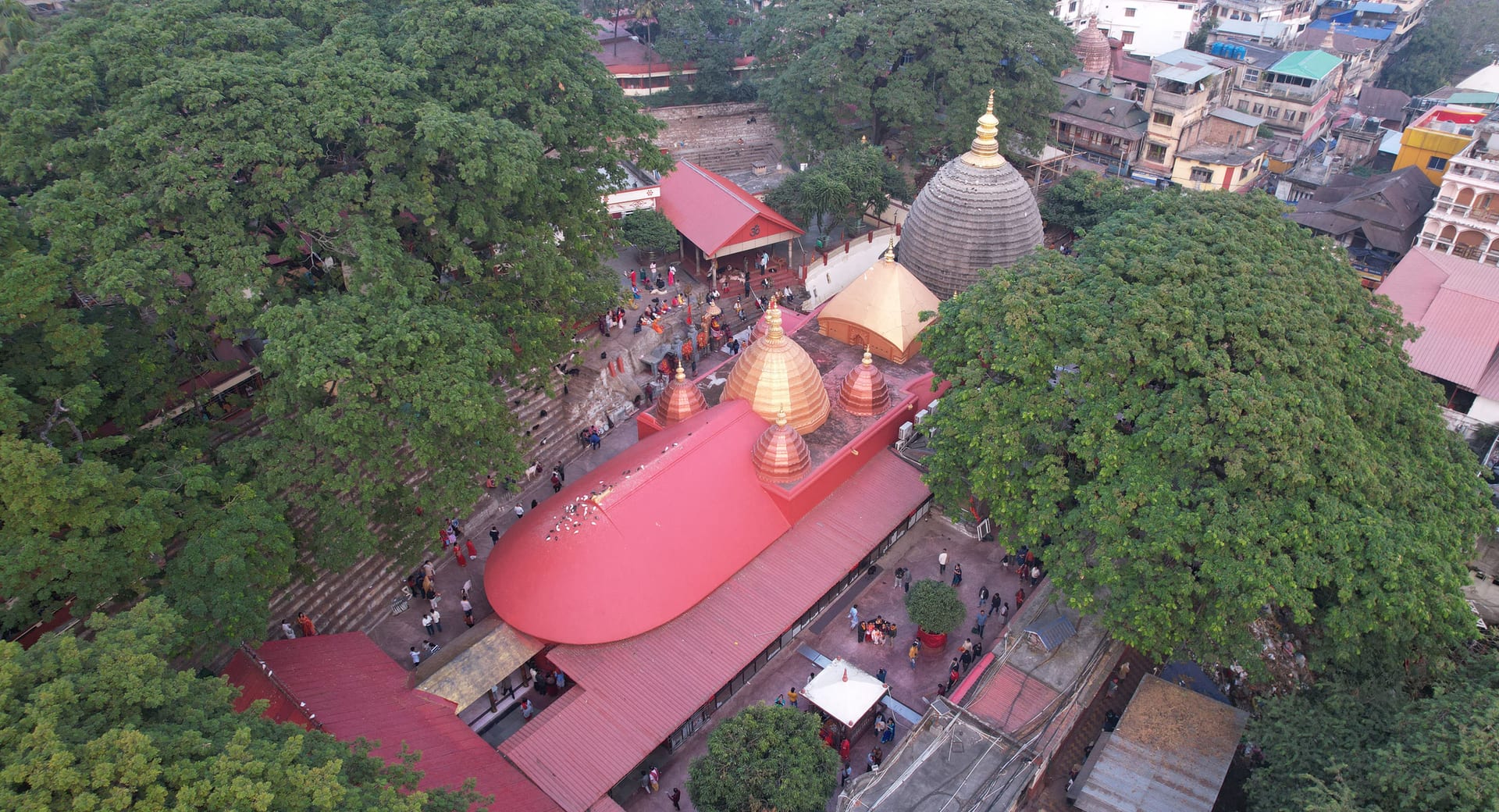 Aerial view of the Kamakhya complex: the long red curved roof of the natamandira, the stone beehive shikhara with its gilded finial, gilded subsidiary domes, and pilgrims in the courtyards under great trees