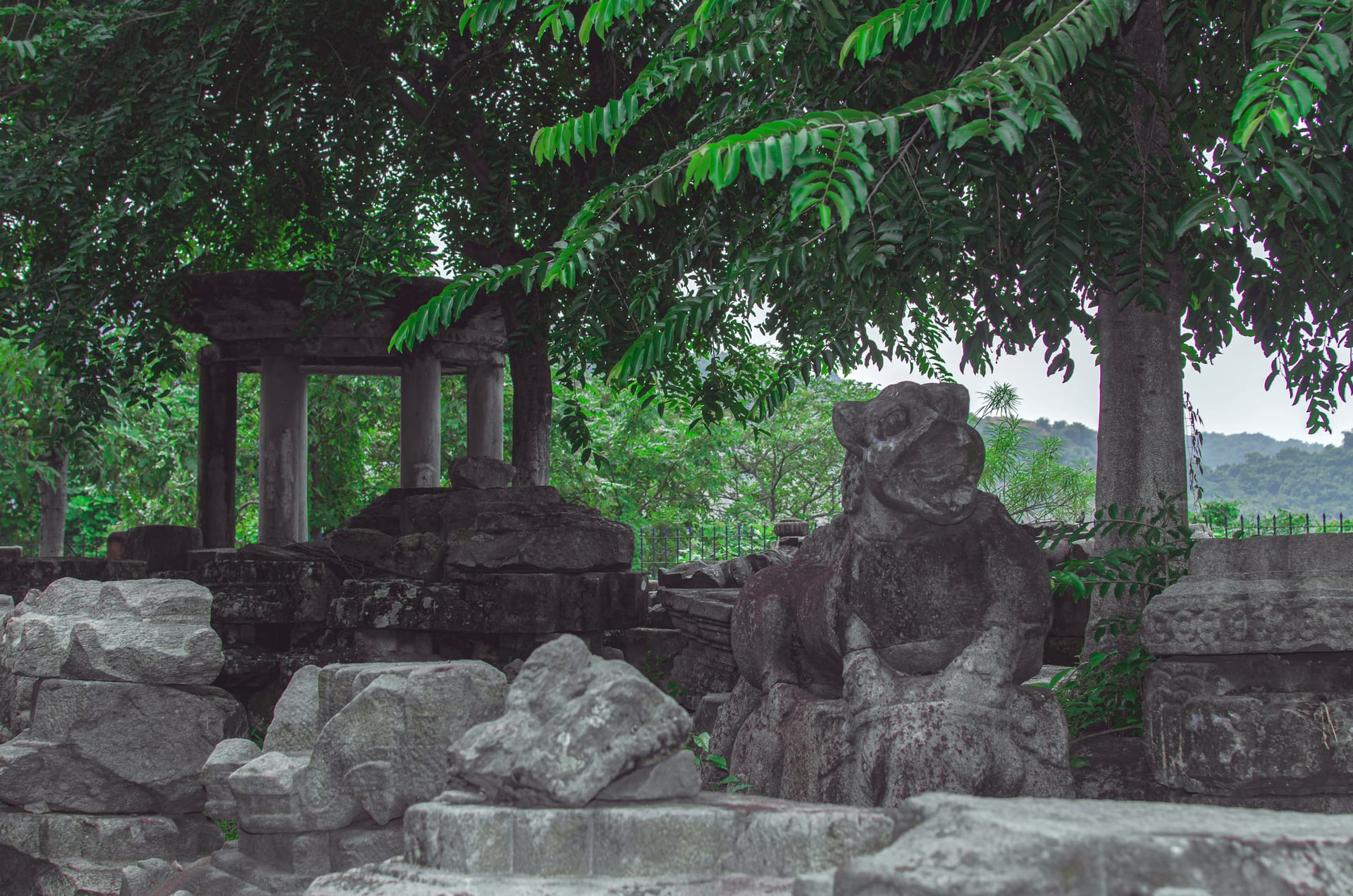 The ruins of Madan Kamdev on its wooded hill: a pillared stone shrine remnant at left, a carved guardian-lion sculpture on a plinth at right, and scattered carved stone blocks in the foreground, framed by an overhanging tree with the low hills beyond