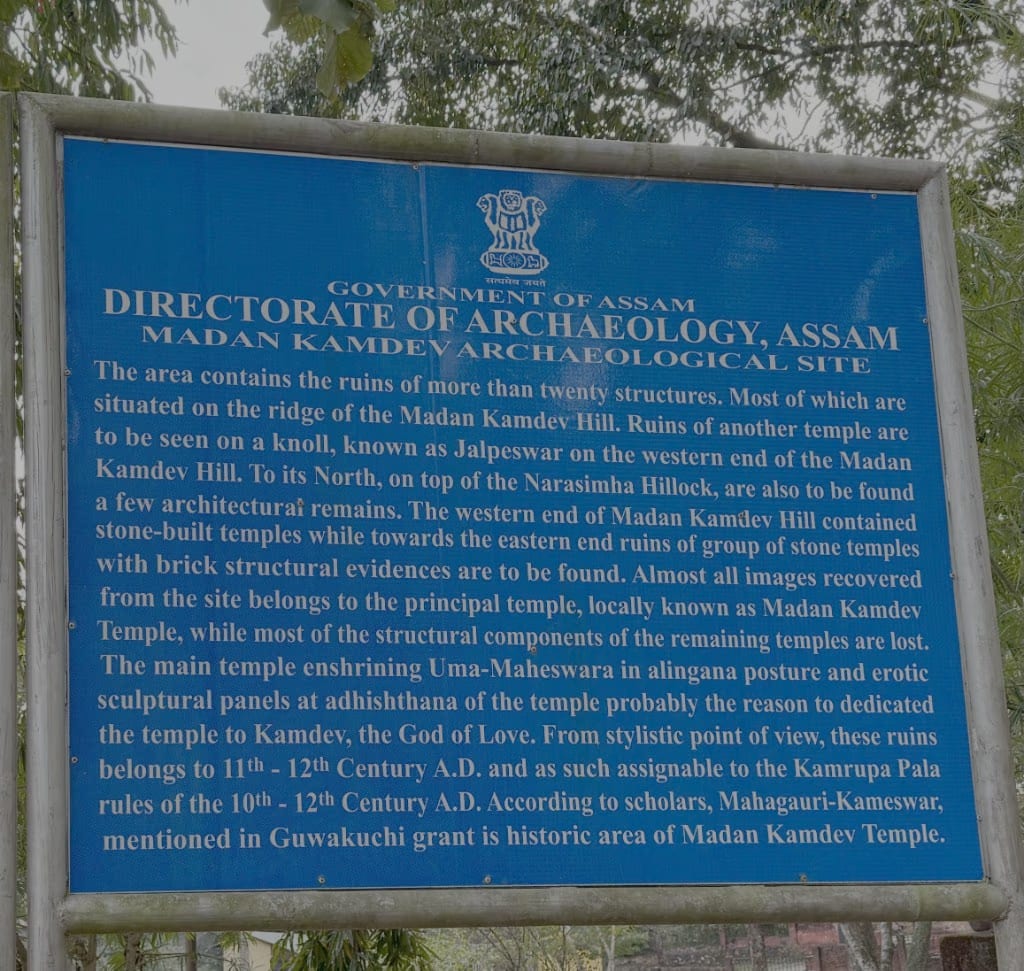 Blue Assam Directorate of Archaeology information board at Madan Kamdev Archaeological Site