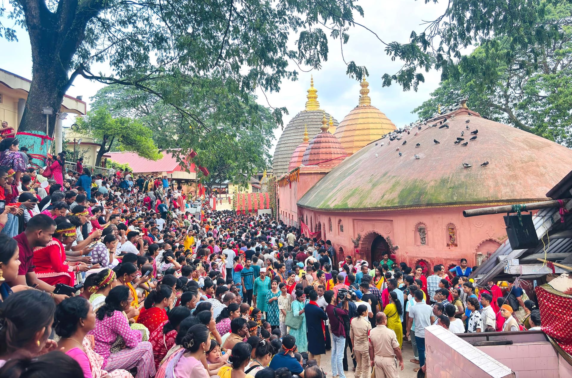 A dense crowd of pilgrims filling the terraces and lane beside the pink walls and domes of the Kamakhya temple, garlands strung overhead