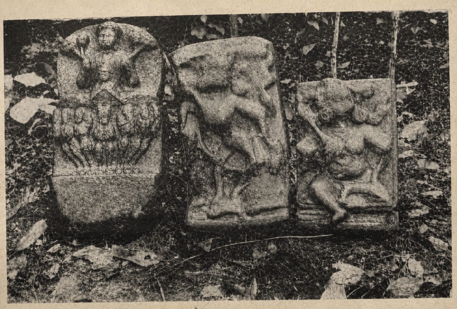 Three carved stone slabs of deities recovered from the ruined Tamreswari temple, standing among forest undergrowth