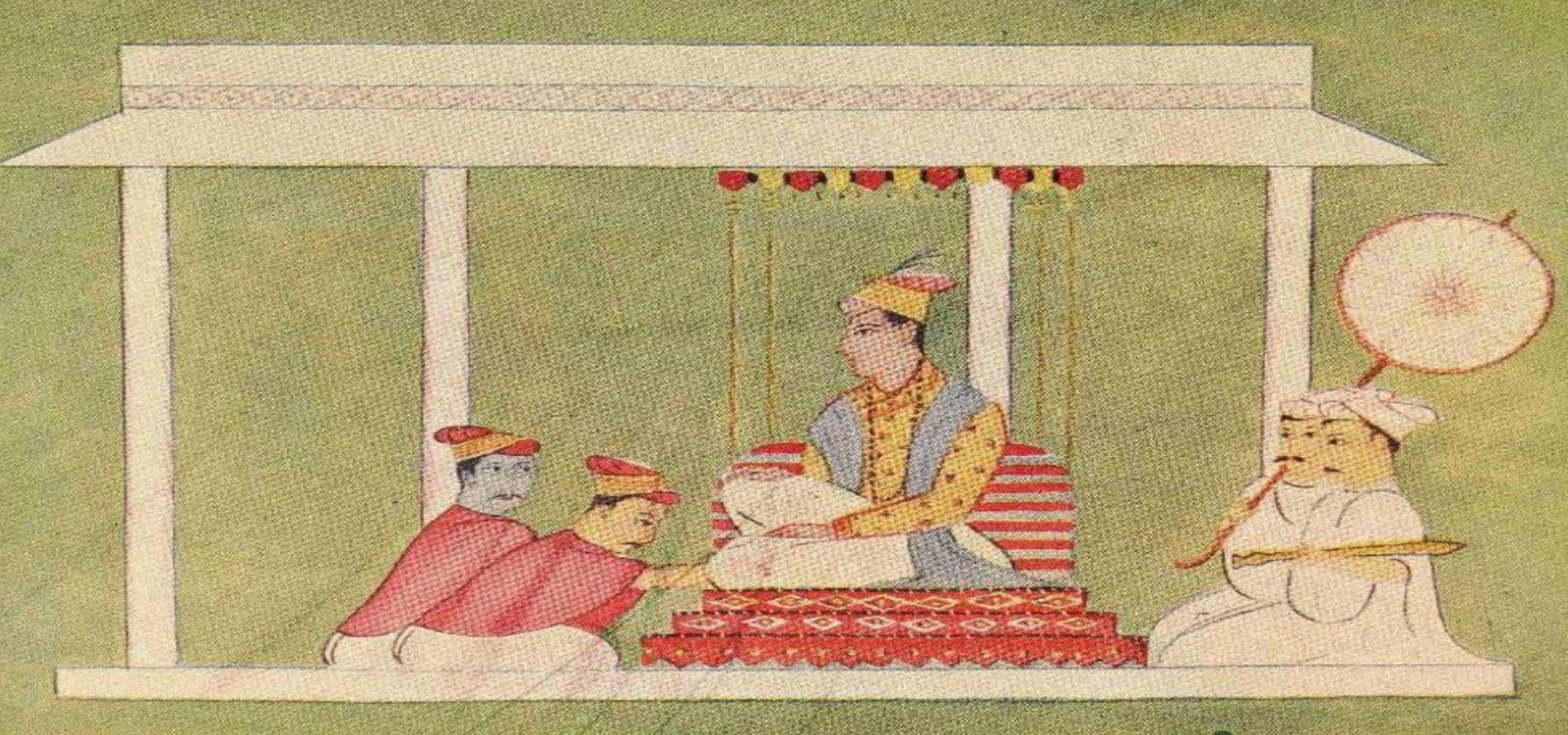 Assamese miniature painting of the Ahom king Rudra Singha seated on a throne under a canopy with attendants