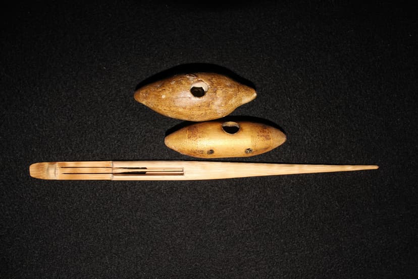 A bamboo gogona jaw harp with a long split tongue laid beside two small oval xutuli whistles on a dark cloth