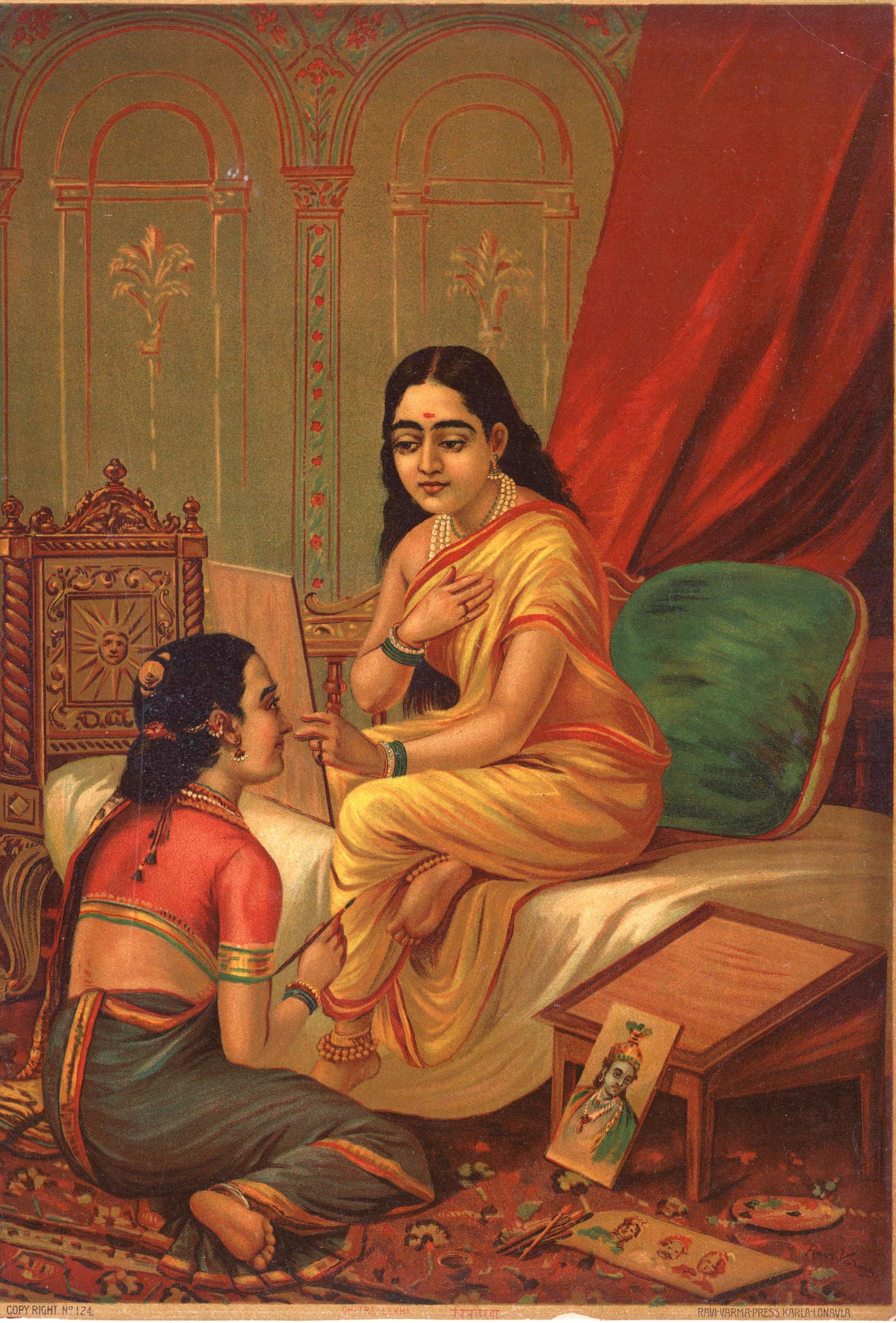 A seated woman on the floor holds up a framed portrait to a richly dressed young woman reclining on a bed, with painted portrait cards, brushes and a palette scattered on the carpet