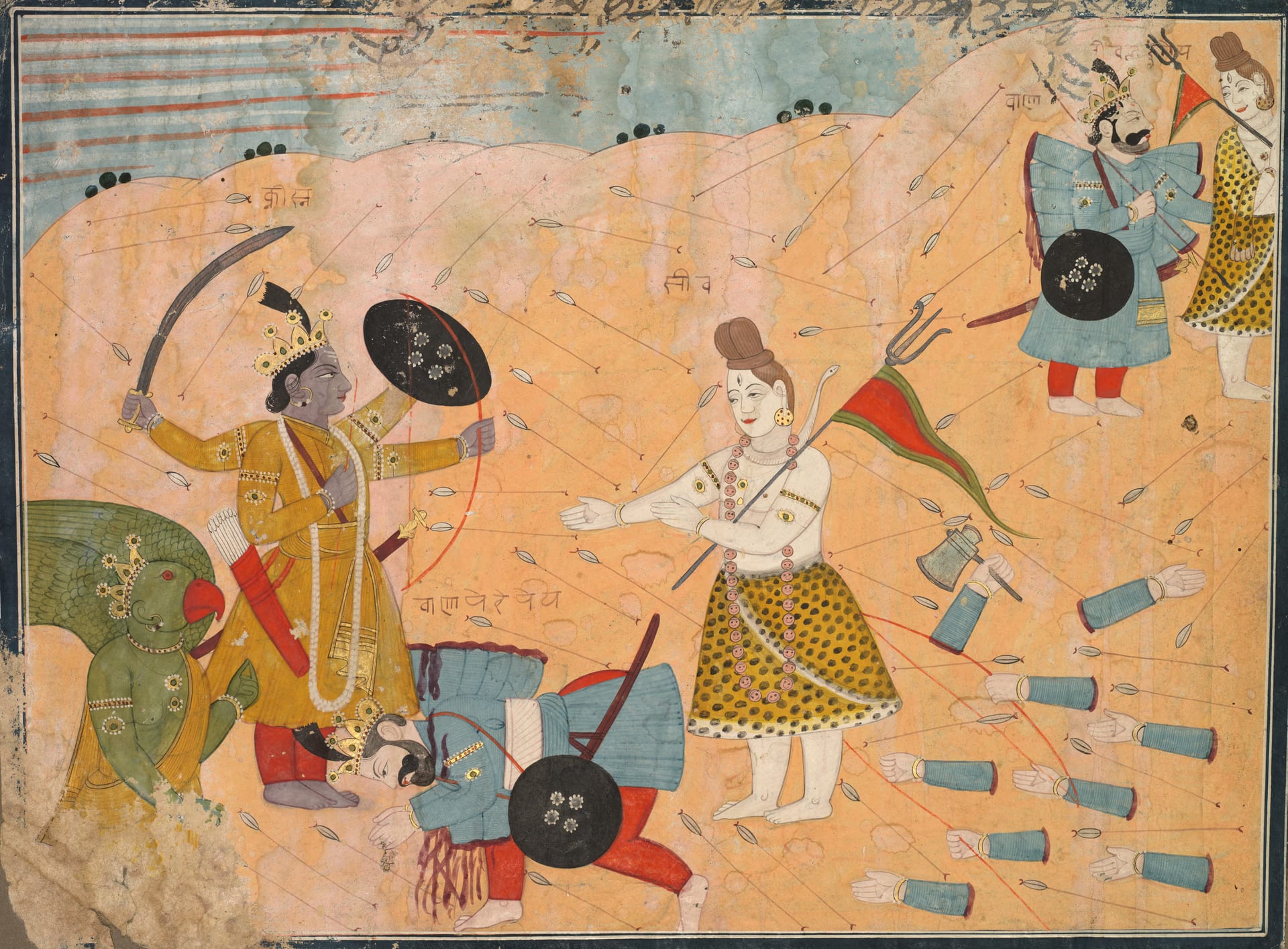 An Indian miniature painting: Krishna on the eagle Garuda raises a sword and discus over a fallen crowned king, while a white-skinned Shiva steps between them with both hands open, severed arms lying across the field