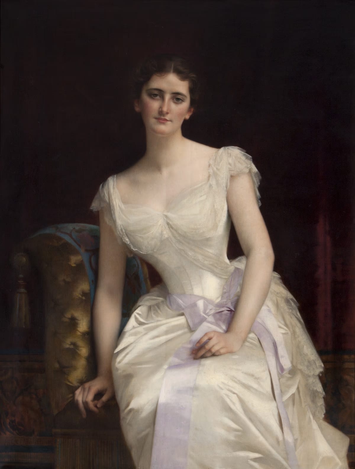 Painted portrait of Mary Victoria Leiter seated in a white gown with a lilac sash