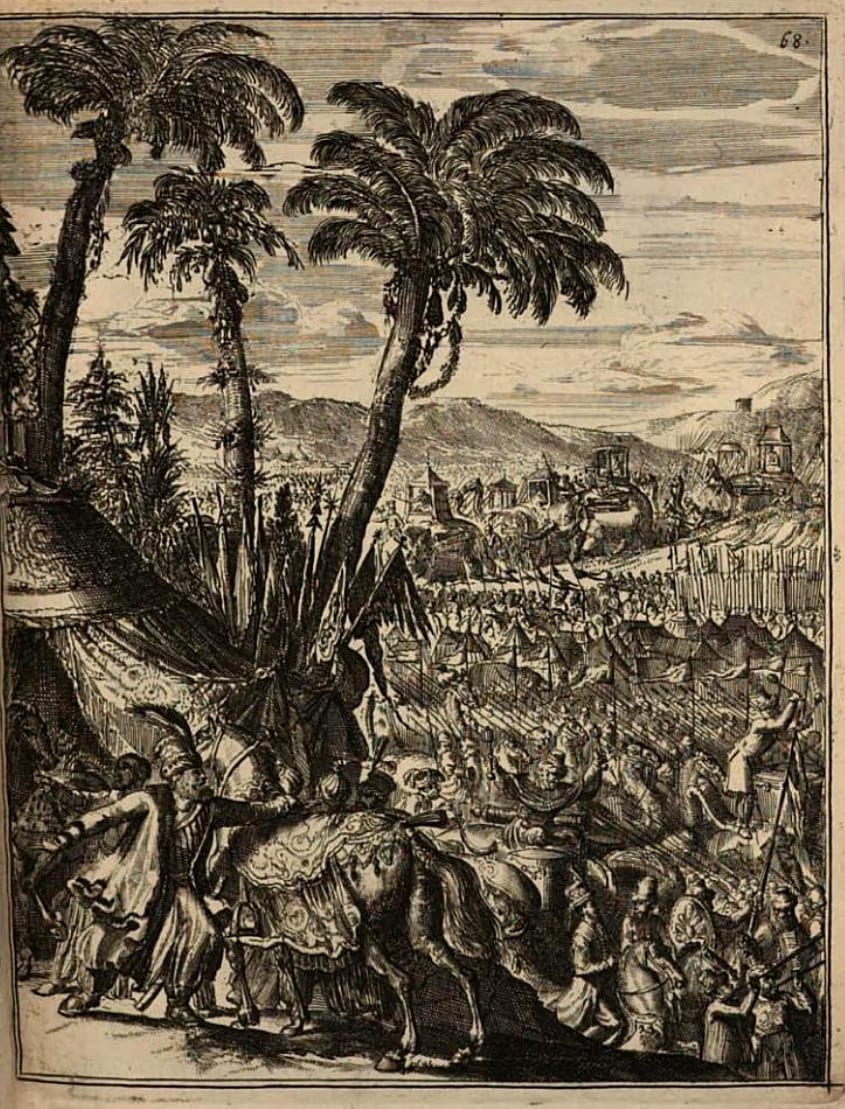 A seventeenth-century Dutch copper engraving showing Mir Jumla standing beside his ornately draped horse and pointing ahead, attendants around him, with a vast Mughal camp of tents, elephants and soldiers stretching toward distant hills behind tall palm trees