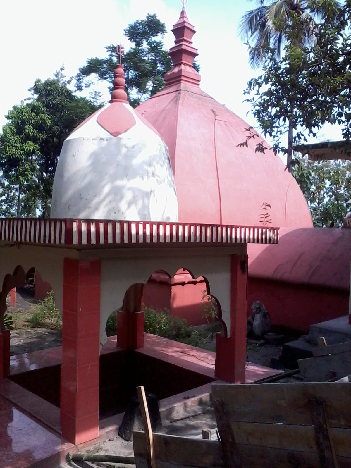 The white-and-red domed shrine of Dirgheswari rising above its pillared front hall on the Sitachal rock hill, framed by trees