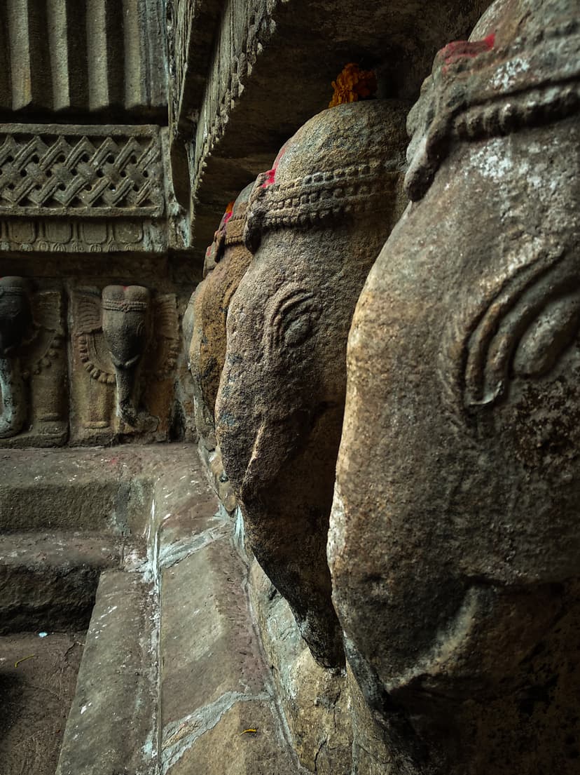 A row of carved stone elephant heads along the base of the Hayagriva Madhava temple wall, trunks turned down