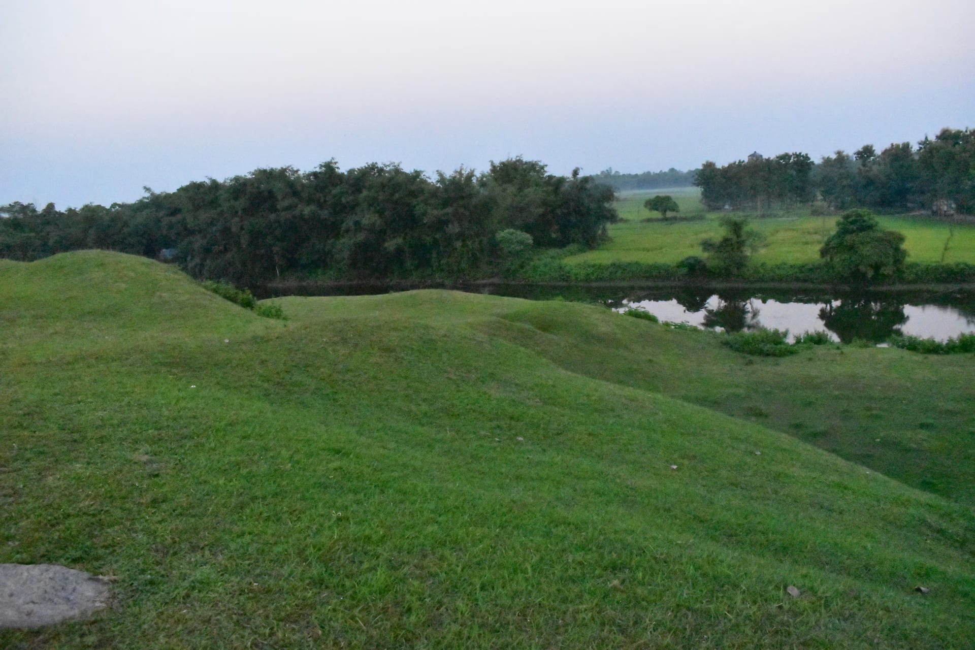 A long, curving green grass-covered earthen rampart sloping down to a still moat-pond at dusk, with a line of trees and paddy fields on the far bank under a pale sky