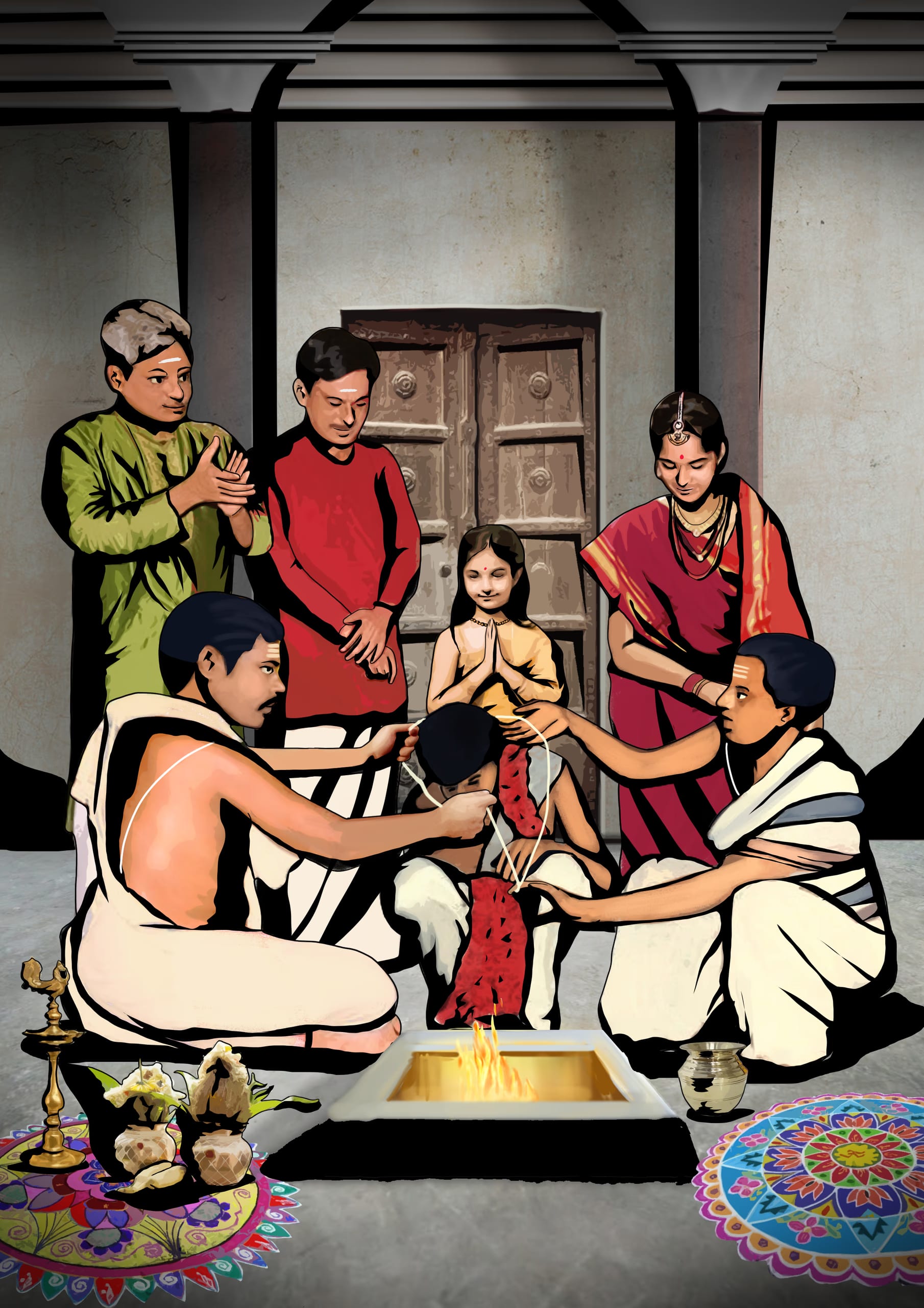 An illustration of the upanayana ceremony, the sacred thread being passed over a boy before a fire while two priests wear it across their chests