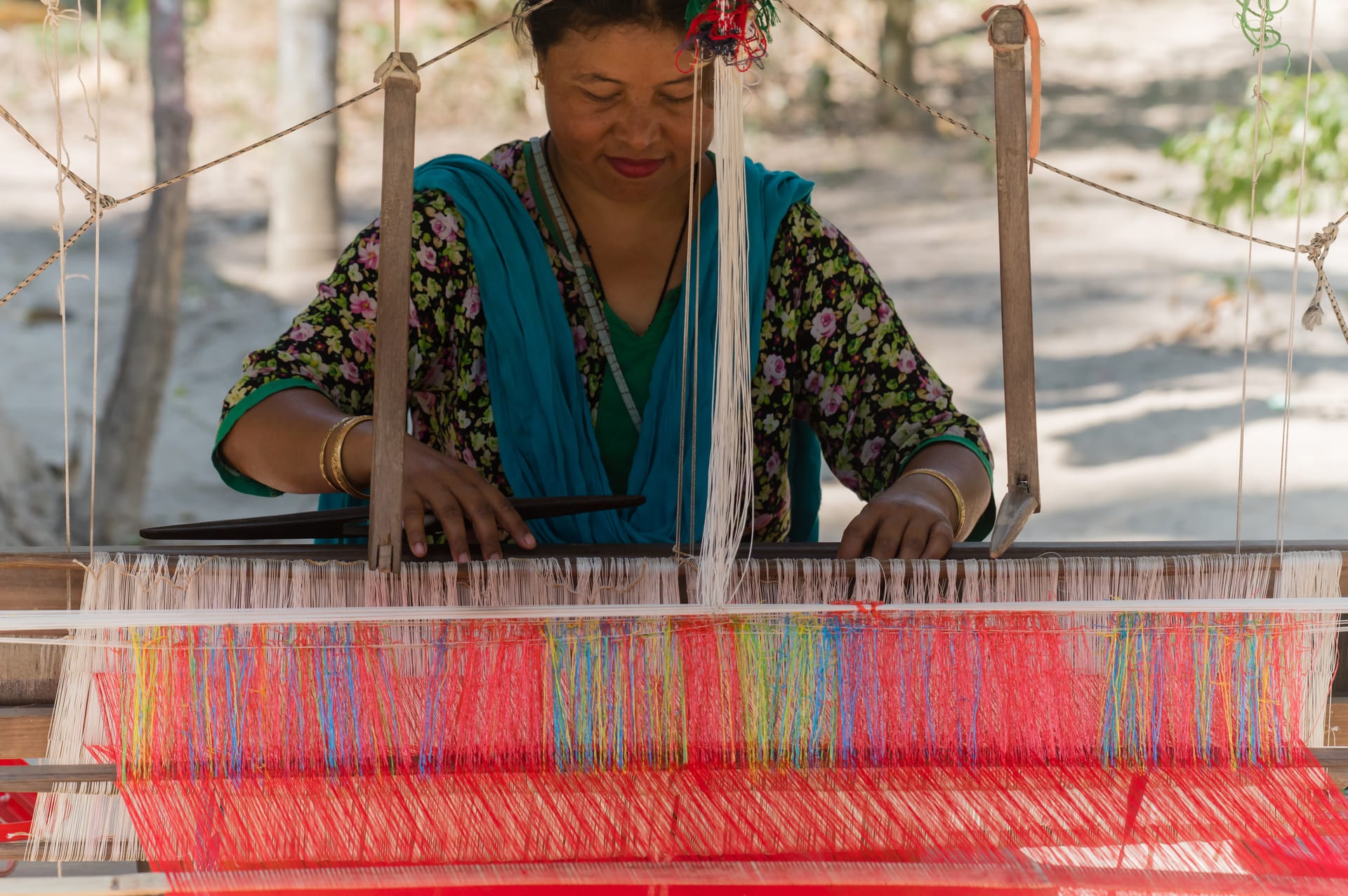 A Mising tribal woman weaving on a loom strung with a bright multicoloured warp